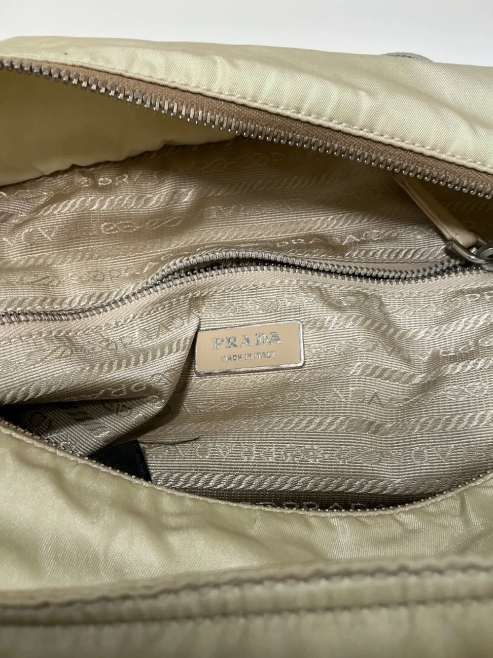 Prada beige nylon shoulder bag with genuine python accents